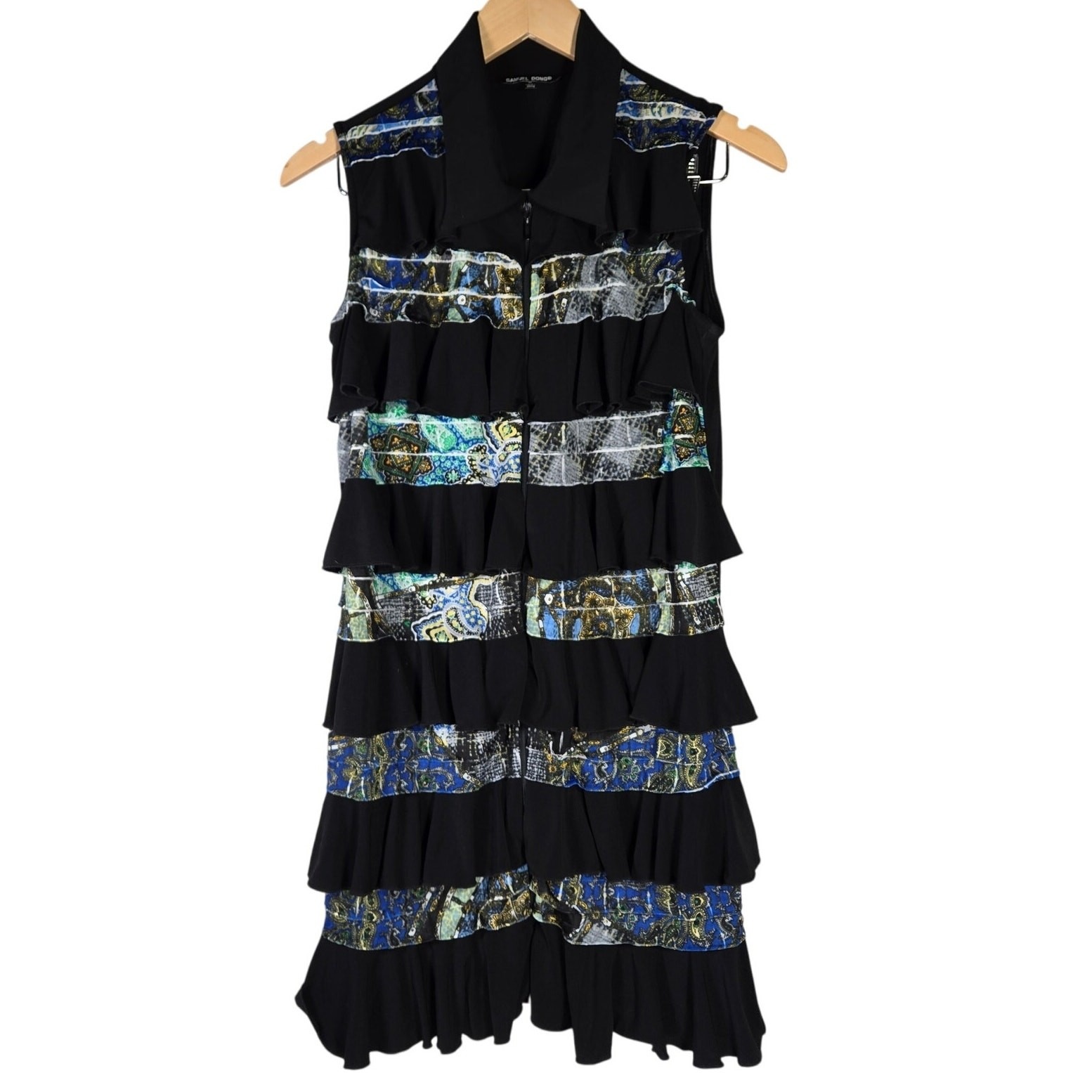 Samuel Dong Sleeveless Ruffle Tiered Zipper Front Vest Tunic Dress Black Blue M